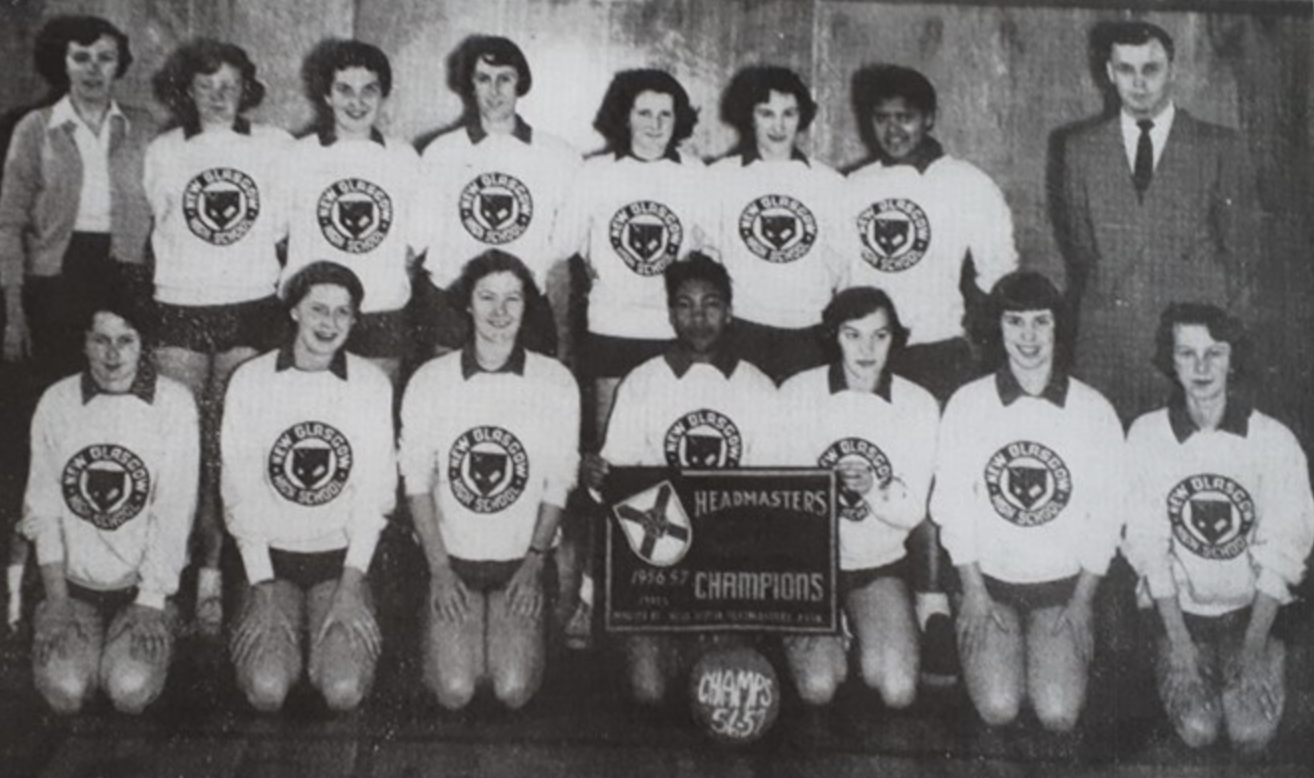 Yearbook photo of the 1956-57 New Glasgow High School girls' soccer team